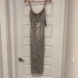 bebe Metallic Silver Sequin Midi Dress